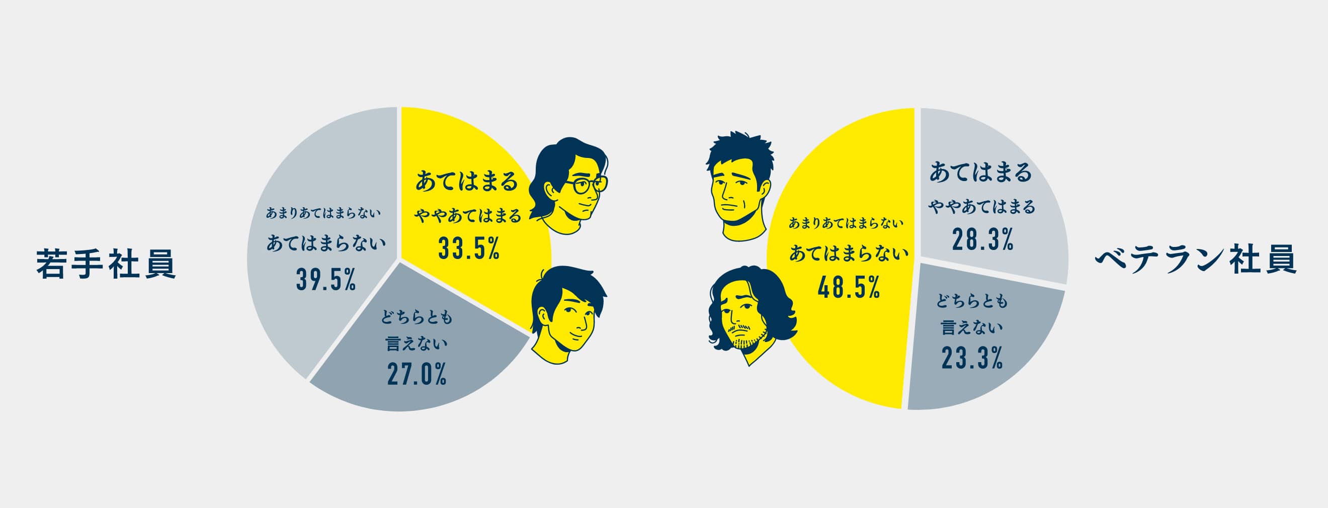 若手社員　あてはまる／ややあてはまる 33.5%　ベテラン社員　あまりあてはまらない／あてはまらない 48.5%