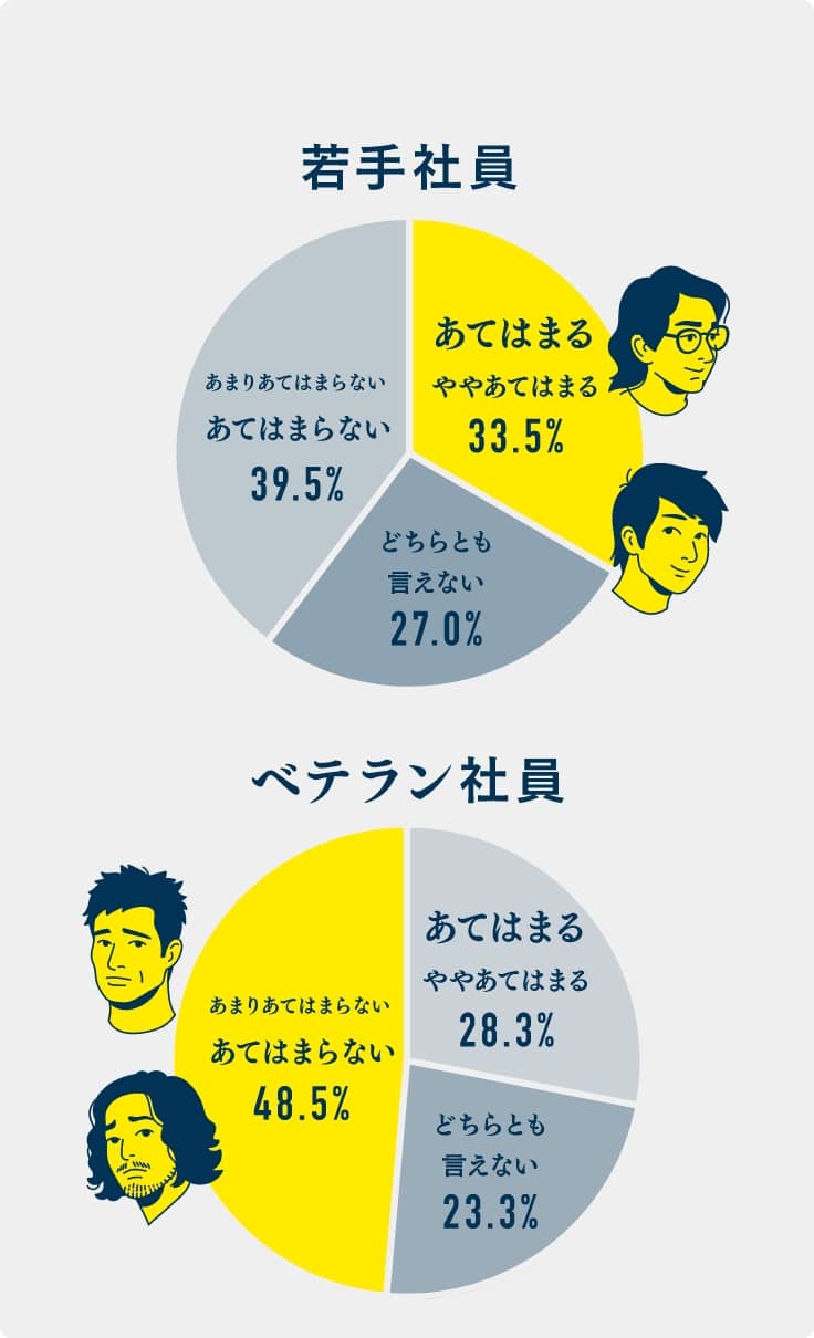 若手社員　あてはまる／ややあてはまる 33.5%　ベテラン社員　あまりあてはまらない／あてはまらない 48.5%